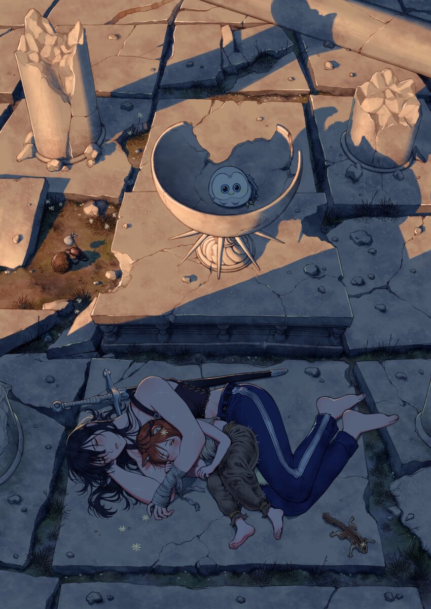 1boy 1girl absurdres age_difference animal_ear_fluff animal_ears barefoot bird black_hair brown_hair copyright_request dung_beetle highres long_hair looking_at_viewer one_eye_closed orange_eyes owl pants pillar ruins size_difference sleeping spooning squirrel sword turbo_engine_(rakugaki_tabo) weapon