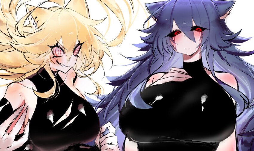 @_@ ahoge animal_ears bare_shoulders black_sclera blonde_hair blood bloody_tears breasts colored_sclera ear_piercing fleetway_super_sonic genderswap genderswap_(mtf) grin highres huge_breasts humanization large_breasts long_hair messy_hair piercing purple_hair red_eyes sideboob smile sonic.exe sonic.exe_(character) sonic_(series) sonic_the_comic sonic_the_hedgehog super_sonic usa37107692