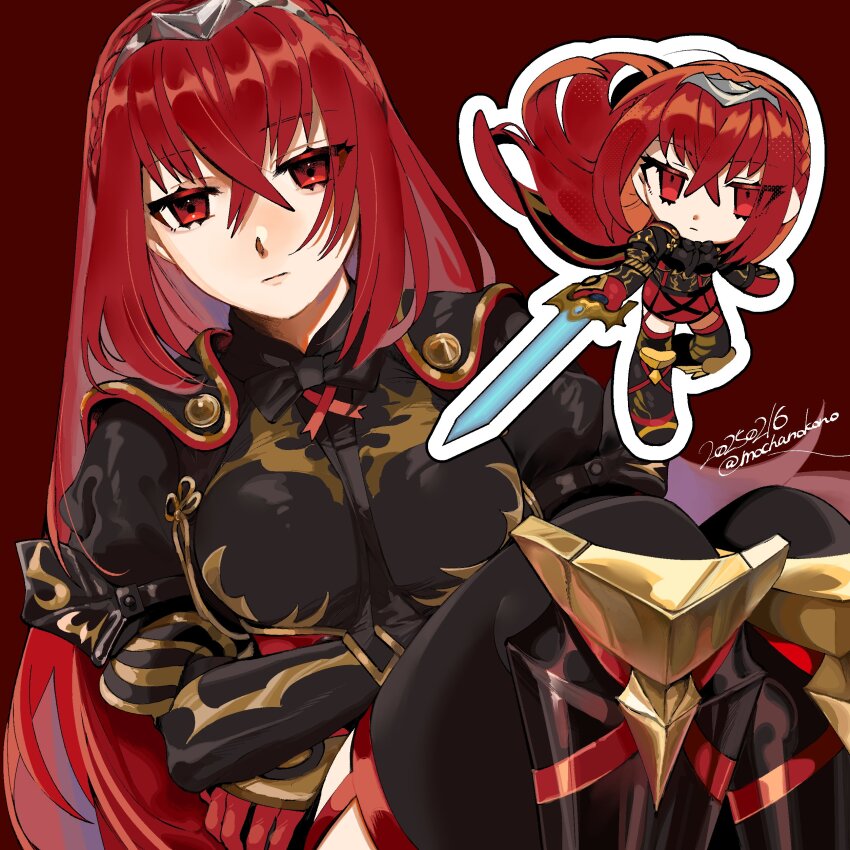 1girl absurdres alear_(fell_dragon)_(fire_emblem) chibi commentary_request crossed_bangs dark_persona dated expressionless female_alear_(fell_dragon)_(fire_emblem) female_alear_(fire_emblem) female_alear_(red_days_past)_(fire_emblem) fire_emblem fire_emblem_engage hair_between_eyes highres holding holding_sword holding_weapon long_hair looking_at_viewer mochako_(motyako_1005) nintendo red_background red_eyes red_hair simple_background sitting solo sword tiara twitter_username very_long_hair weapon