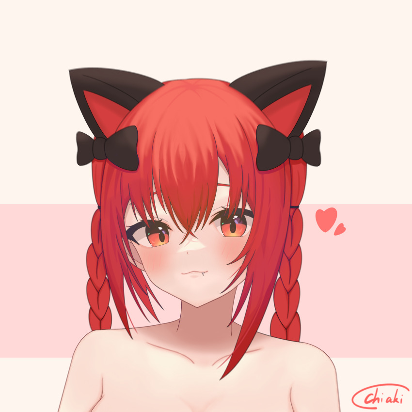 1girl absurdres animal_ears black_bow blush bow braid cat_ears cat_girl chiaki_koizumi closed_mouth collarbone commentary_request extra_ears fang hair_bow heart highres kaenbyou_rin looking_at_viewer medium_hair red_eyes red_hair side_braids signature solo touhou twin_braids upper_body