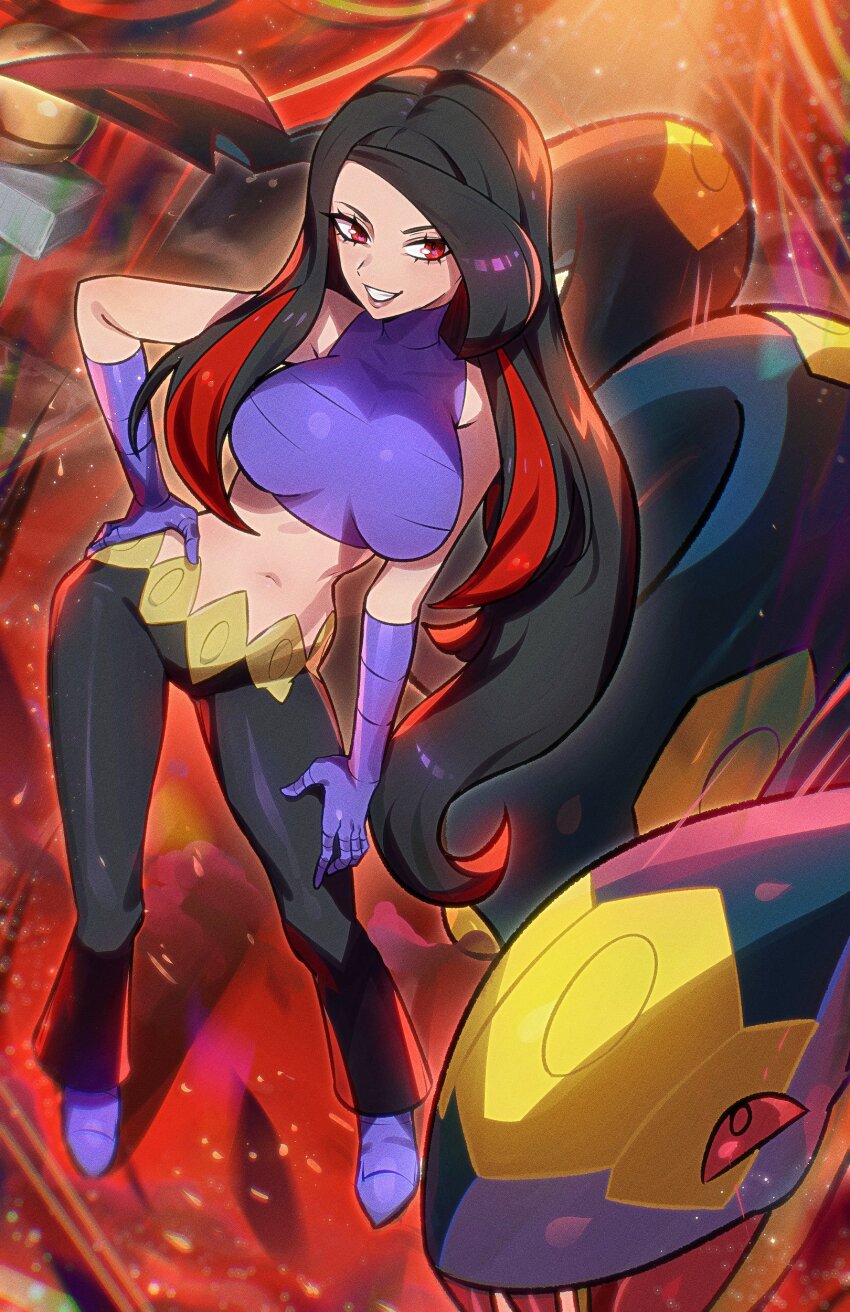 1girl absurdres black_hair breasts crop_top gen_3_pokemon gloves highres long_hair looking_at_viewer lucy_(pokemon) midriff multicolored_hair navel nintendo pants pokemon pokemon_(creature) pokemon_emerald pokemon_rse purple_gloves red_eyes red_hair ryairyai seviper sleeveless smile two-tone_hair very_long_hair