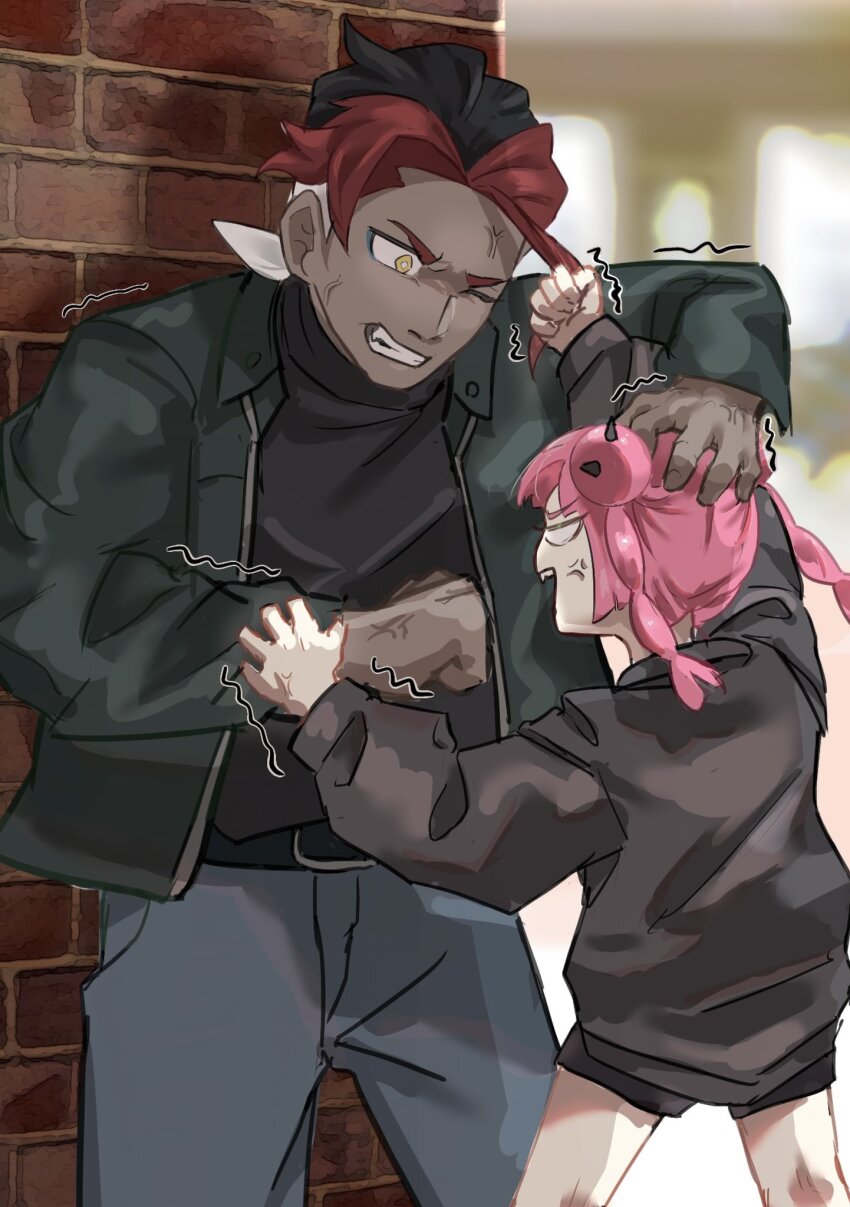 1boy 1girl alternate_costume anger_vein angry arm_up black_hair black_shirt black_shorts black_undershirt blank_eyes blue_eyeshadow brick_wall bright_pupils clenched_hand clenched_teeth copituji coral_(pokemon) curtained_hair dark-skinned_male dark_skin denim double_bun eyeshadow fangs fighting grabbing_another&#039;s_hair hair_bun hand_on_another&#039;s_head height_difference highres jacket jeans long_sleeves makeup multicolored_hair nintendo one_eye_closed open_clothes open_jacket open_mouth pants parted_bangs pink_hair pokemon pokemon_(anime) pokemon_horizons red_hair shirt short_hair short_shorts shorts sidian_(pokemon) teeth twintails veiny_face white_hair white_pupils yellow_eyes