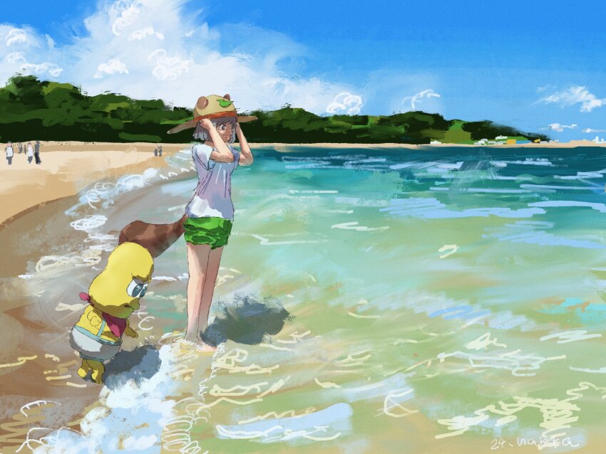 1boy 1girl alternate_costume animal_ears bald bandana bandana_around_neck barefoot beach blue_sky casual cloud colored_skin day ears_through_headwear fat fat_man from_side frown green_shorts grey_hair hands_on_headwear hat height_difference highres leaf leaf_on_head looking_ahead looking_down mode_aim nakka_(nakkaoekaki) ocean open_mouth outdoors peanuts-kun ponpoko_(vtuber) raccoon_ears raccoon_girl raccoon_tail red_bandana shirt short_hair short_shorts short_sleeves shorts sky smile standing straw_hat sun_hat suspender_shorts suspenders t-shirt tail virtual_youtuber waves wide_shot yellow_skin