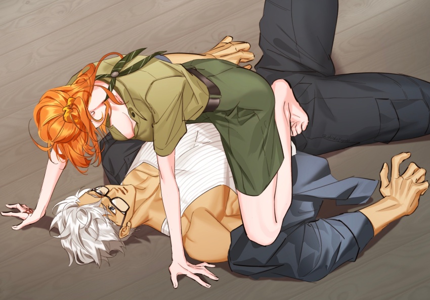 1boy 1girl archer_(fate) archer_(summer_casual)_(fate) barefoot black-framed_eyewear black_eyes black_jacket black_pants breasts chinese_commentary cleavage command_spell commentary_request dark-skinned_male dark_skin fate/grand_order fate_(series) fujimaru_ritsuka_(female) fujimaru_ritsuka_(female)_(chaldea_pathfinder) girl_on_top glasses green_shirt green_skirt height_difference highres jacket medium_breasts medium_skirt neckerchief one_side_up orange_hair pants pectorals ribbed_tank_top shinkaifuyuki shirt skirt striped_neckerchief tank_top white_hair white_tank_top wooden_floor