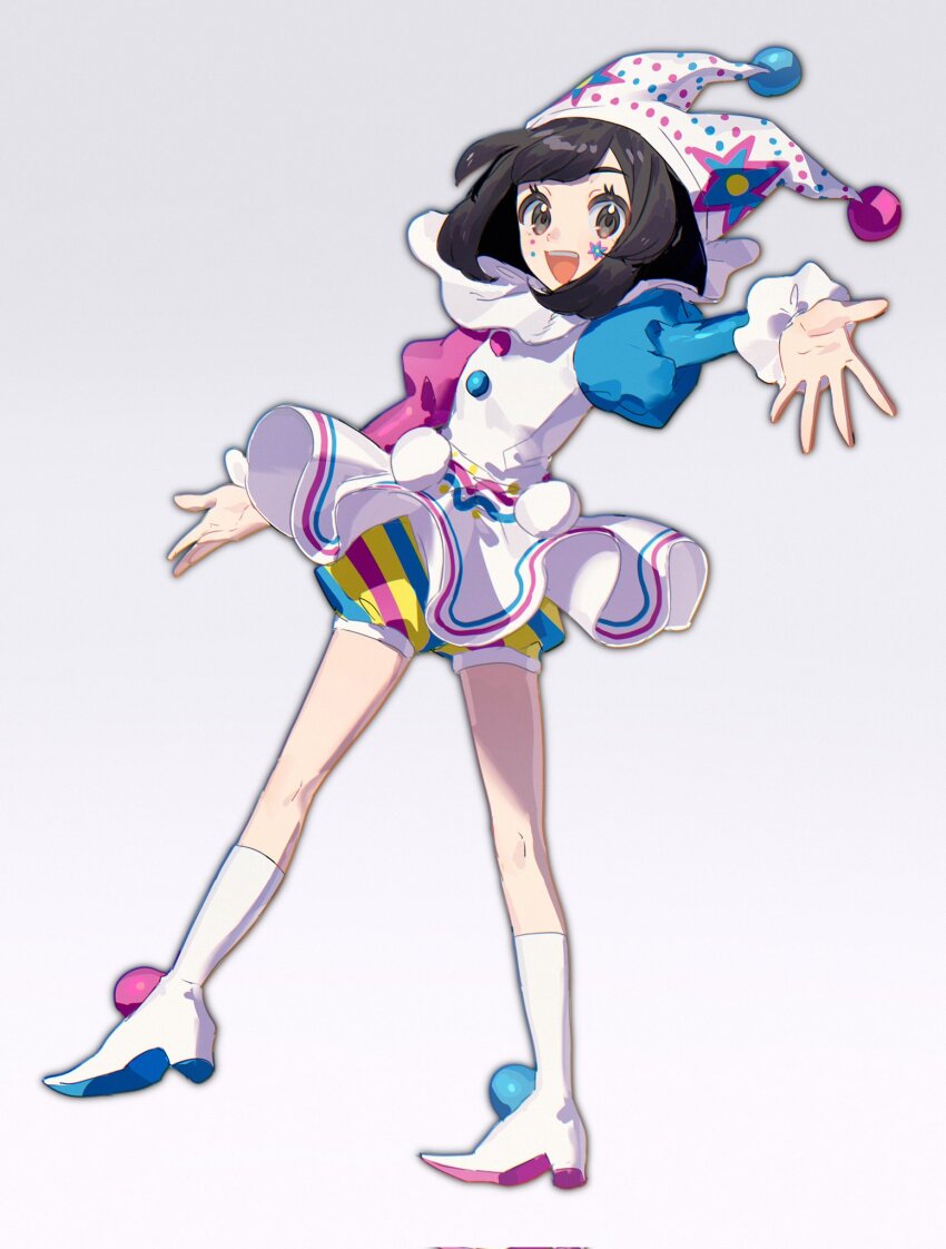 1girl :d alternate_costume blacephalon blacephalon_(cosplay) black_hair cosplay eyelashes facial_mark fua1heyvot4ifsr full_body gen_7_pokemon hat high_heels highres jester jester_cap jester_costume looking_at_viewer medium_hair nintendo open_mouth pokemon pokemon_sm selene_(pokemon) simple_background smile solo star_(symbol) star_facial_mark teeth ultra_beast upper_teeth_only white_background white_hat