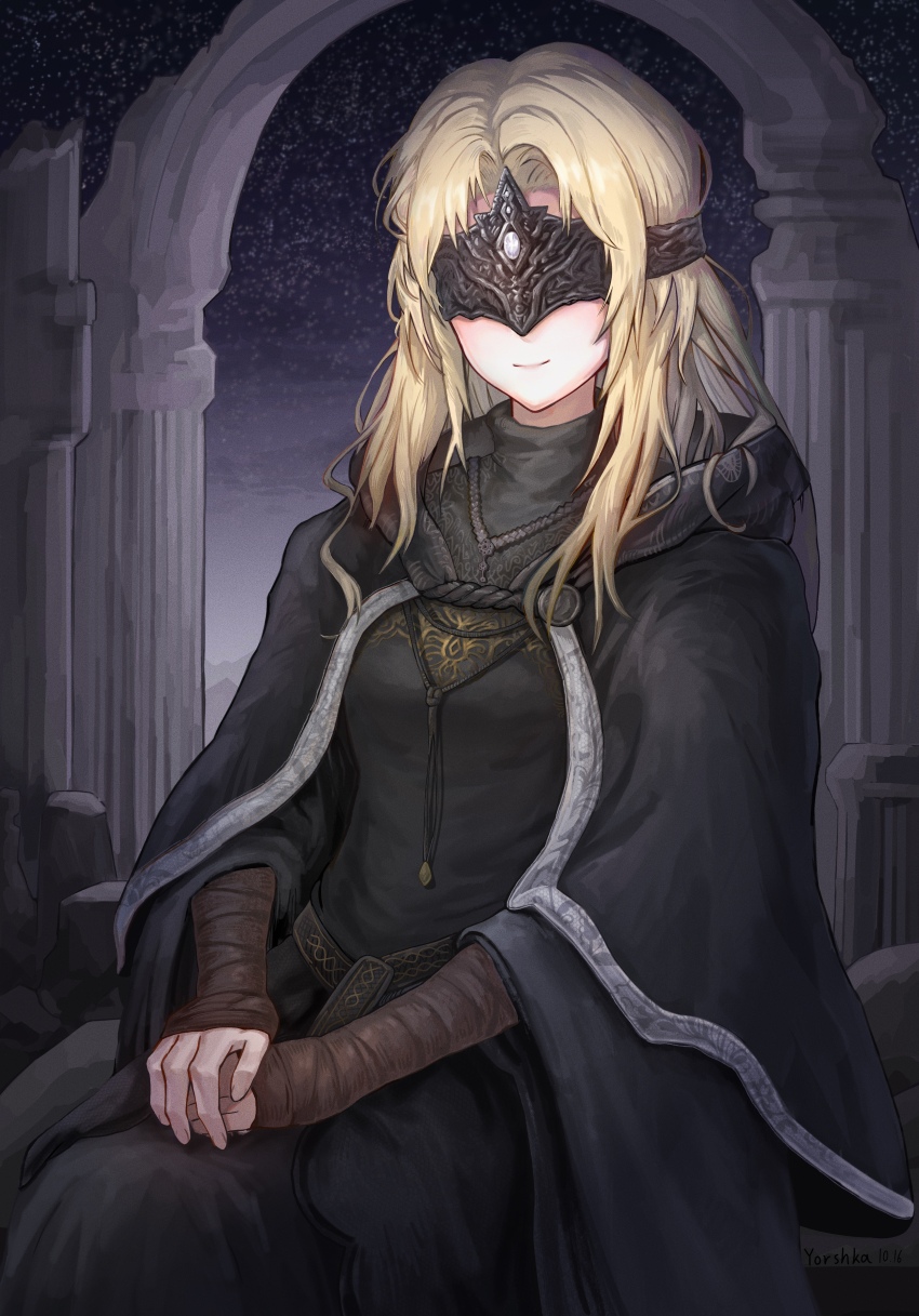 1girl absurdres black_cape black_dress blonde_hair cape closed_mouth commentary_request covered_eyes dark_souls_(series) dark_souls_iii dress eye_mask fire_keeper highres jewelry long_hair mask masked own_hands_together sitting smile solo yorshka