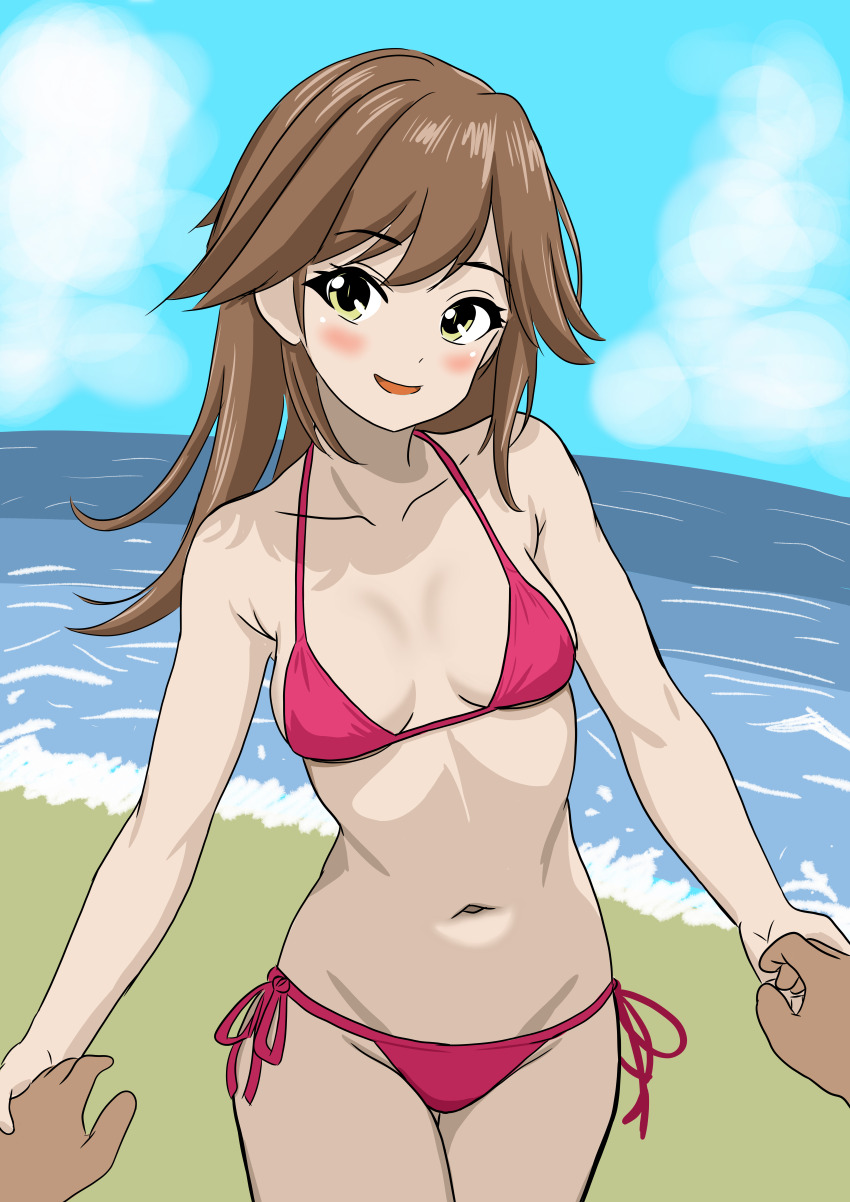 1girl 1other absurdres arashio_(kancolle) beach bikini blue_sky bone_namu(namu49850) breasts brown_eyes brown_hair cloud commentary_request day highres holding_hands horizon kantai_collection long_hair ocean outdoors pink_bikini pov pov_hands side-tie_bikini_bottom sky small_breasts solo_focus swimsuit