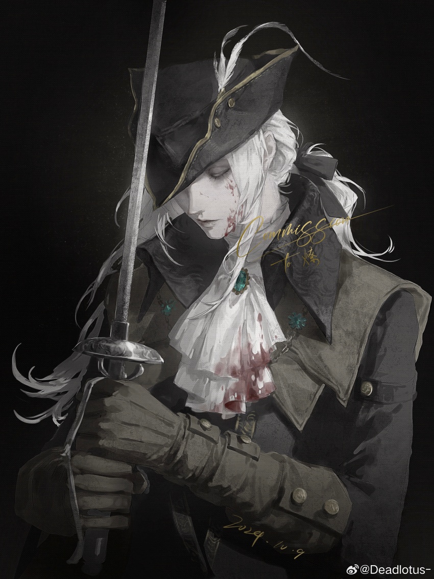 1girl absurdres ascot black_background black_gloves black_jacket blood blood_on_clothes blood_on_face blood_stain bloodborne closed_eyes closed_mouth dated double_blade gem gloves hat hat_feather highres holding holding_sword holding_weapon jacket jiao_chang lady_maria_of_the_astral_clocktower long_hair low-tied_long_hair pale_skin rakuyo_(bloodborne) signature solo sword tricorne weapon white_ascot white_hair