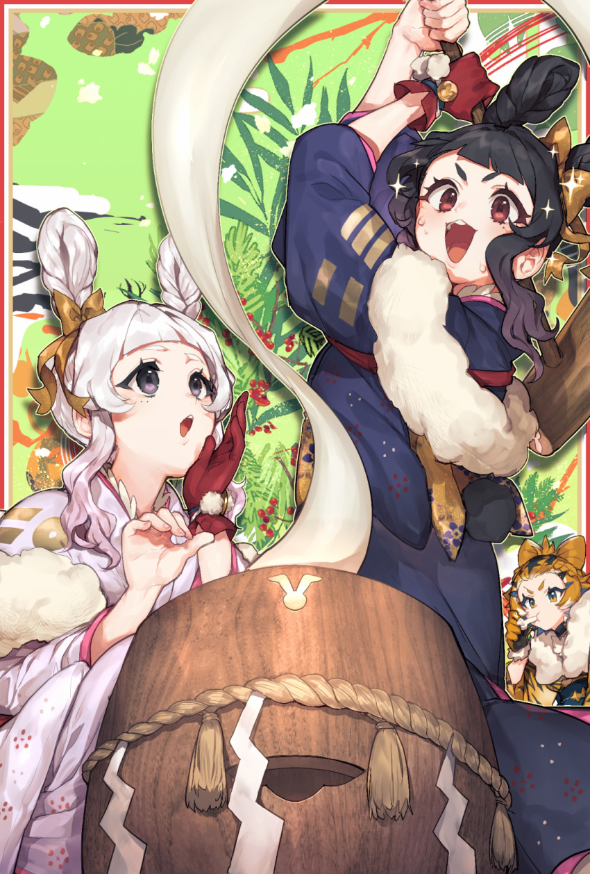 3girls :d :o barrel black_hair blue_kimono blunt_bangs commentary_request food gloves green_background grey_eyes highres hitoto japanese_clothes kimono long_sleeves mochi multiple_girls new_year open_mouth original red_eyes red_gloves short_hair signature single_glove smile sweat thick_eyebrows v-shaped_eyebrows white_hair white_kimono wide_sleeves