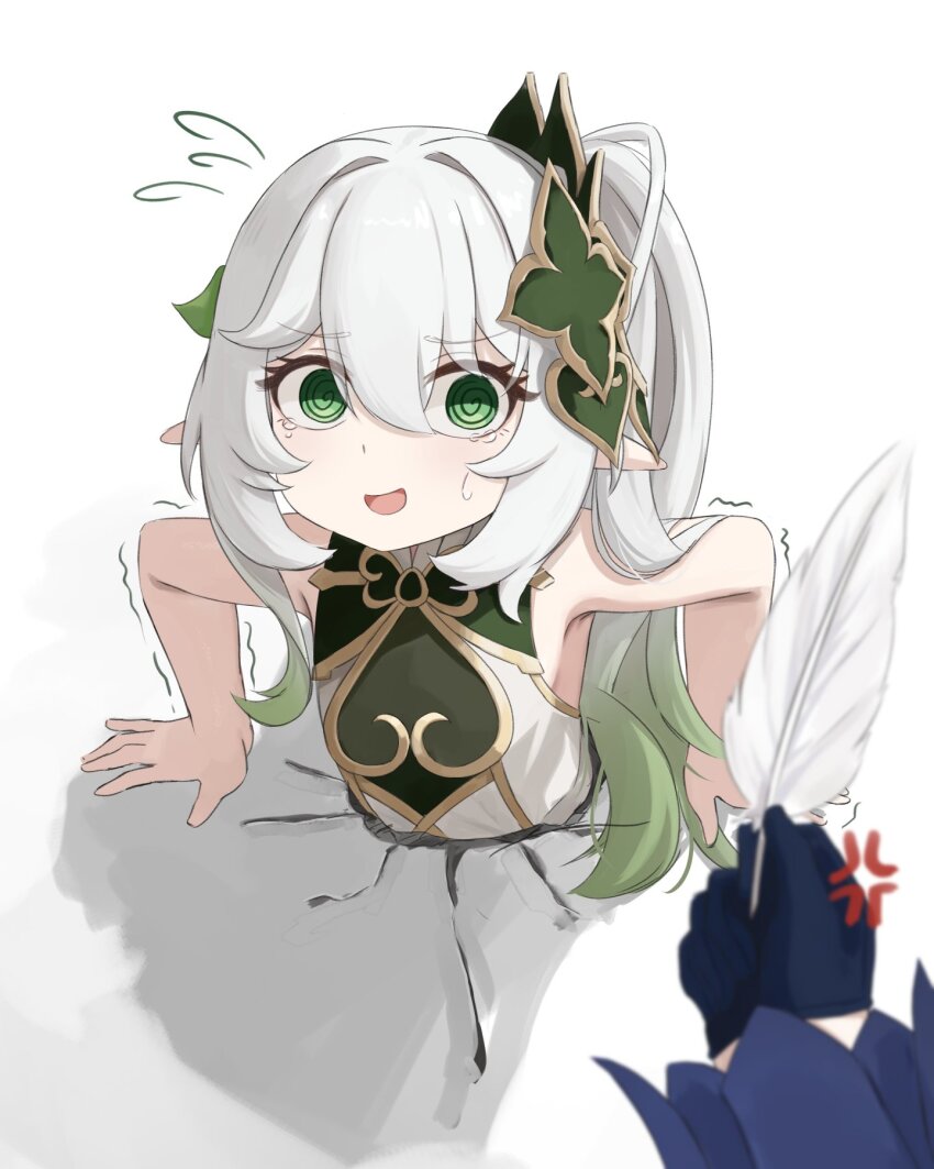 1boy 1girl @_@ anger_vein bare_shoulders blush dress embarrassed feathers flying_sweatdrops genshin_impact gloves gradient_hair green_eyes green_hair hair_ornament highres long_hair looking_at_viewer mockingeu multicolored_hair nahida_(genshin_impact) neuvillette_(genshin_impact) open_mouth pov side_ponytail smile solo_focus stuck sweatdrop tears trembling very_long_hair wall white_hair