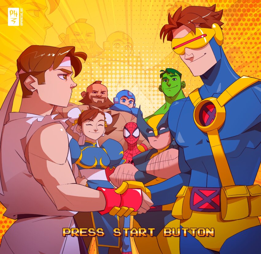 beard blue_helmet breasts capcom chun-li cyclops_(x-men) derivative_work english_text facial_hair fingerless_gloves gloves helmet highres holding_hands hulk hulk_(series) marvel marvel_vs._capcom mask medium_breasts mega_man_(character) muscular muscular_male phfreitas_art ryu_(street_fighter) screenshot_redraw simple_background spider-man spider-man_(series) street_fighter superhero_costume wolverine_(x-men) x-men x-men_vs._street_fighter yellow_background yellow_gloves zangief