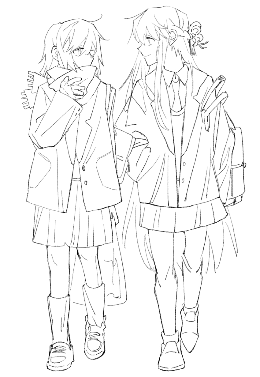 2girls absurdres braid chinese_commentary closed_mouth collared_shirt commentary_request commission greyscale half_up_braid highres jacket lanserongjie long_hair looking_at_another miyagi_shiori monochrome multiple_girls necktie pleated_skirt scarf school_uniform second-party_source sendai_hazuki shirt shuuniichido_classmate_wo_kau_hanashi skirt smile