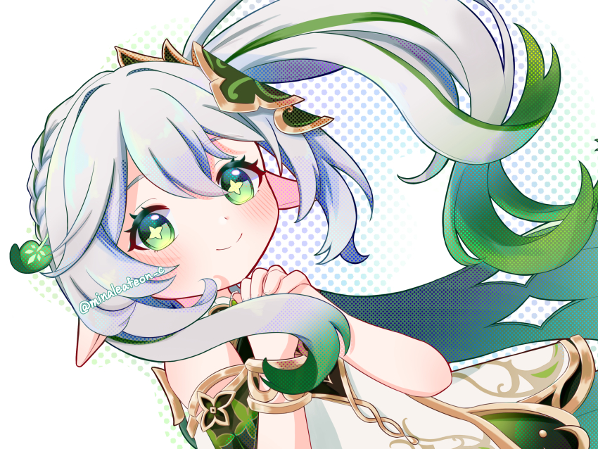 1girl bare_shoulders blush bracelet closed_mouth commentary_request detached_sleeves dotted_background dress genshin_impact gold_trim gradient_hair green_eyes green_hair green_sleeves hair_between_eyes hair_ornament highres jewelry leaf_hair_ornament long_hair looking_at_viewer mina_(minaleafeon_c) multicolored_hair nahida_(genshin_impact) own_hands_clasped own_hands_together pointy_ears side_ponytail sleeveless sleeveless_dress smile solo star-shaped_pupils star_(symbol) symbol-shaped_pupils twitter_username white_background white_dress white_hair