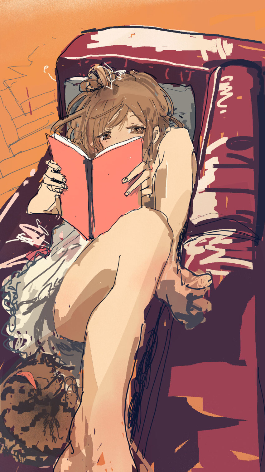 1girl barefoot book brown_eyes brown_hair car cevio commentary_request couch covered_mouth dress feet feet_up foot_out_of_frame foreshortening hair_bun highres holding holding_book kabuyama_kaigi looking_at_viewer lying motor_vehicle on_back on_couch open_book outstretched_leg reading satou_sasara short_dress short_sleeves single_hair_bun sleeping_animal solo white_dress