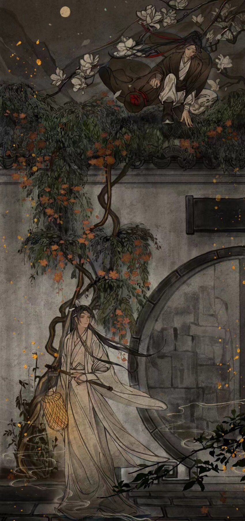 2boys architecture black_hair chinese_clothes closed_mouth east_asian_architecture flower foliage full_body full_moon hair_ribbon hanfu headband high_ponytail highres holding holding_jug holding_lantern jug_(bottle) lan_wangji lantern long_hair long_sleeves looking_at_another looking_up male_focus modao_zushi moon moon_gate mountain multiple_boys night orange_flower plaque ponytail red_ribbon ribbon smile smoke squatting standing tree wei_wuxian white_flower white_hanfu white_headband wide_sleeves wind wind_lift wuyi1031 xiao_guan_(headdress)