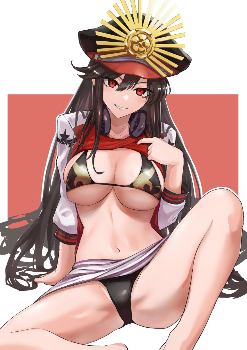 1girl alternate_breast_size bikini bikini_under_clothes black_bikini black_hair black_hat breasts cleavage crest family_crest fate/grand_order fate_(series) grin hat highres kugiseiichi large_breasts long_hair looking_at_viewer navel oda_nobunaga_(fate) oda_nobunaga_(swimsuit_berserker)_(first_ascension)_(fate) oda_uri peaked_cap red_eyes sitting smile solo swimsuit
