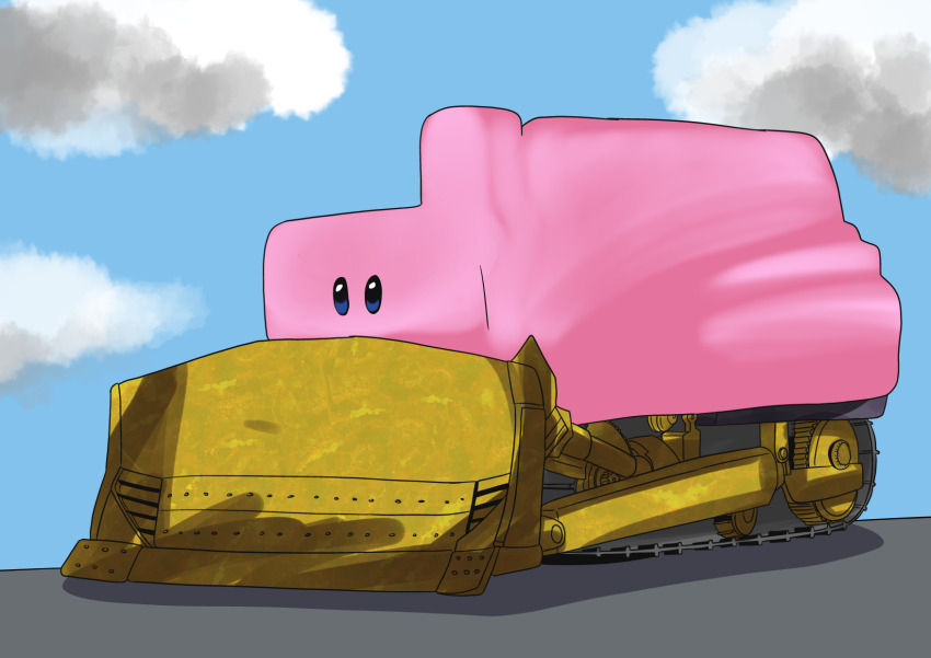 bulldozer caterpillar_tracks cloud colored_skin drawfag highres killdozer kirby kirby_(series) kirby_and_the_forgotten_land motor_vehicle mouthful_mode nintendo no_humans pink_skin solid_oval_eyes solo