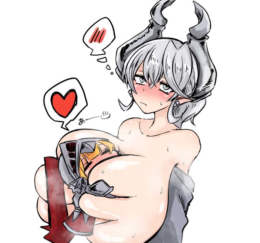 2girls armor blonde_hair blush breasts cleavage demon_girl demon_horns duel_monster gloves grey_eyes grey_hair helmet highres holding horns knight knight_(yu-gi-oh!) large_breasts lovely_labrynth_of_the_silver_castle multiple_girls no_bra plume pointy_ears tkool_man twintails white_hair white_horns yu-gi-oh!