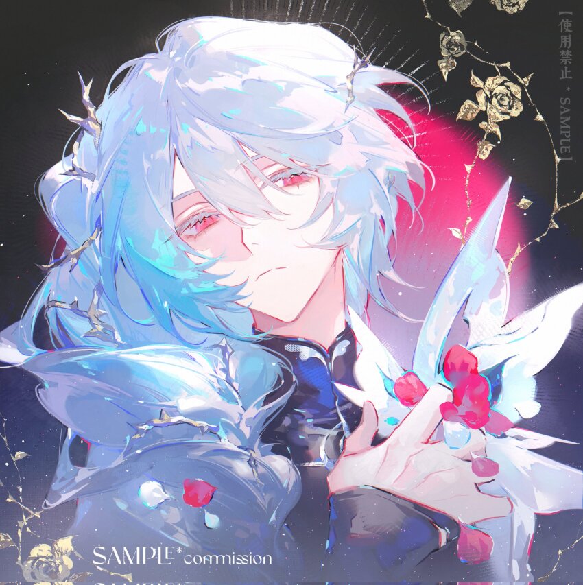 1boy blue_hair closed_mouth commission english_text flower hand_up highres looking_at_viewer male_focus original red_eyes renjian_shilian rose sample_watermark short_hair solo watermark