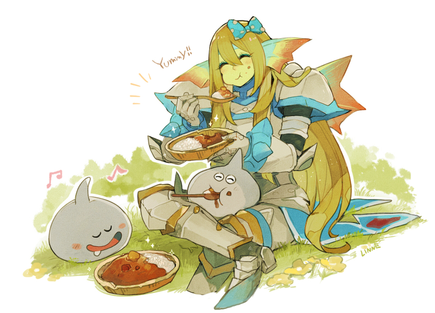 1boy armor blonde_hair bow curry dragon_quest dragon_quest_x eating escalin_(hld_doreko) closed_eyes food full_mouth hair_bow linne_(hld_doreko) long_hair metal_slime on_ground original plate_armor sitting sleeping trap utensil_in_mouth