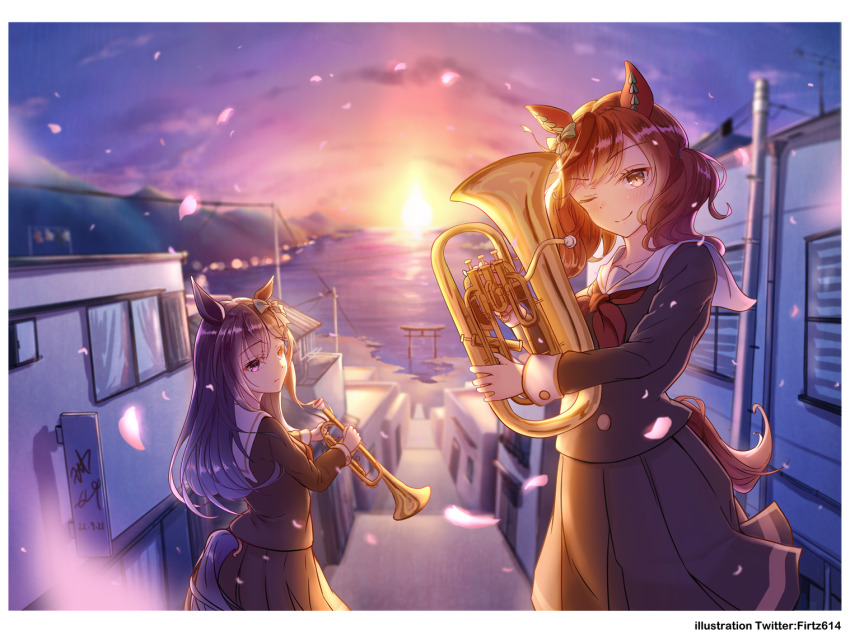 2girls ;) animal_ears black_hair brown_eyes brown_hair brown_serafuku brown_shirt brown_skirt clothing_cutout commentary cosplay dated ear_covers euphonium fritz614 from_behind hibike!_euphonium holding holding_instrument horse_ears horse_girl horse_tail instrument kitauji_high_school_uniform kousaka_reina kousaka_reina_(cosplay) long_hair look-alike looking_at_viewer looking_back mejiro_dober_(umamusume) multiple_girls neckerchief nice_nature_(umamusume) one_eye_closed oumae_kumiko oumae_kumiko_(cosplay) pleated_skirt red_neckerchief sailor_collar school_uniform serafuku shirt signature skirt smile sunrise tail tail_through_clothes torii trumpet twintails twitter_username typo umamusume white_sailor_collar