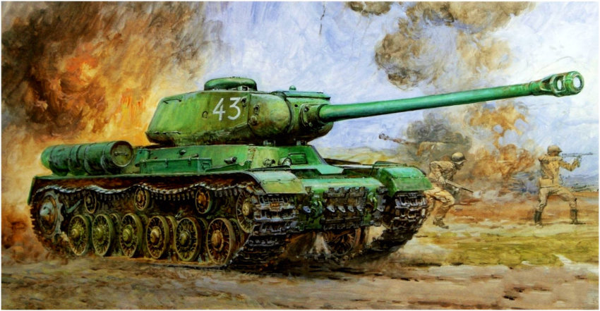 1950s_(style) 1960s_(style) 2boys aiming battle boots box_art cannon damaged firing grass gun helmet highres is-2 military military_uniform military_vehicle model_kit motor_vehicle multiple_boys oldschool pps-43 real_life realistic retro_artstyle running russian_text scan smoke soldier soviet submachine_gun takani_yoshiyuki tank traditional_media turret war weapon world_war_ii wreckage