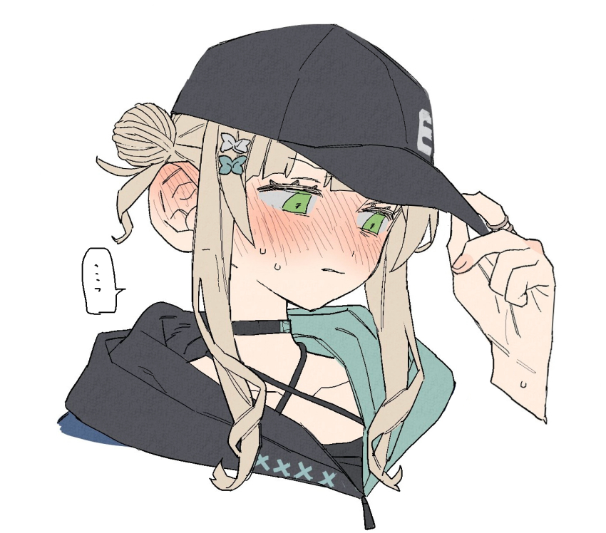 1girl averting_eyes baseball_cap black_choker black_hat blush choker cropped_shoulders dayama dot_nose ear_blush green_eyes hair_bun hair_ornament halterneck hat highres hood hood_down hoodie jewelry kaburaki_roco kaburaki_roco_(1st_costume) nijisanji ring simple_background solo upper_body virtual_youtuber white_background
