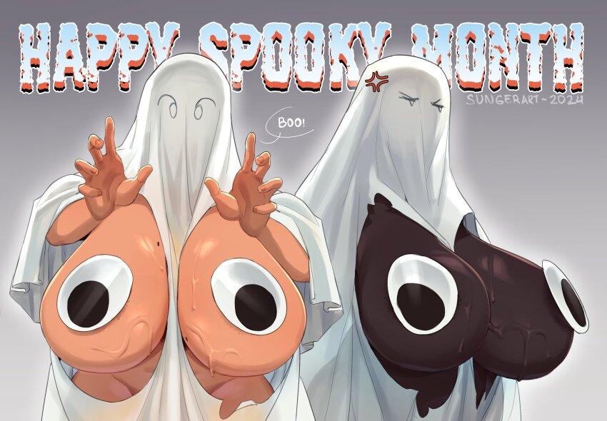 2girls anger_vein artist_name breast_cutout breastless_ghost_costume breasts constans_(sungerart) costume dark-skinned_female dark_skin english_text eyes_visible_through_headwear ghost_costume googly_eye_pasties googly_eyes grey_background halloween halloween_costume highres huge_breasts mole mole_on_breast multiple_girls nighty_(sungerart) original pasties sungerart sweat very_dark_skin