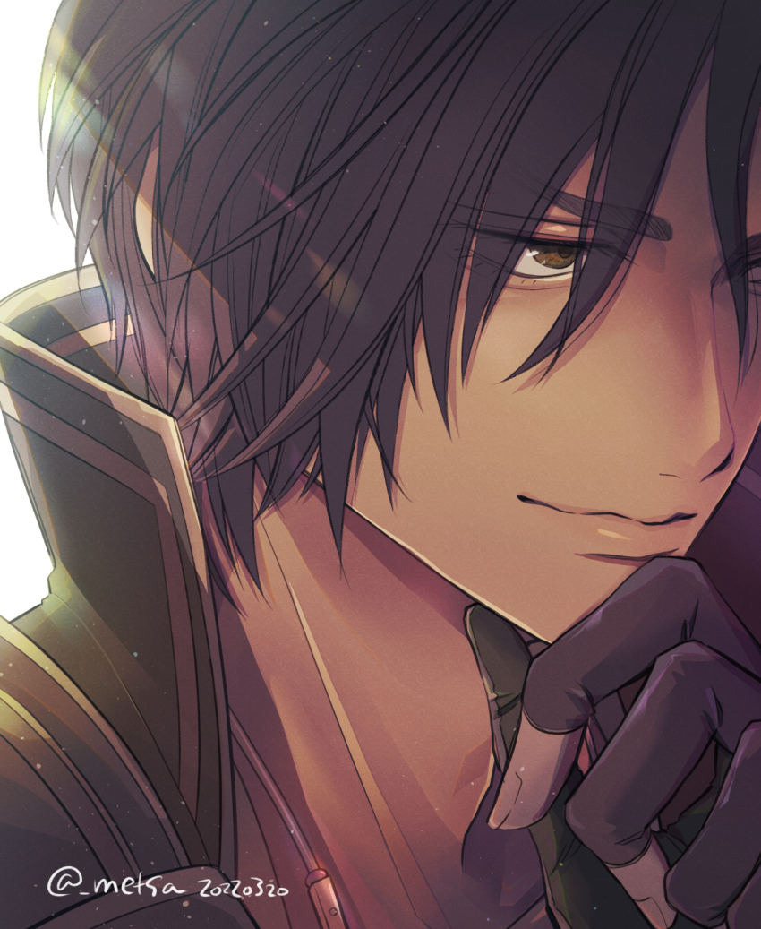 1boy black_gloves black_hair brown_eyes closed_mouth dark-skinned_male dark_skin dated fa_zheng fingerless_gloves frewrex gloves green_jacket hair_between_eyes hand_on_own_chin highres jacket male_focus portrait shin_sangoku_musou simple_background solo twitter_username white_background