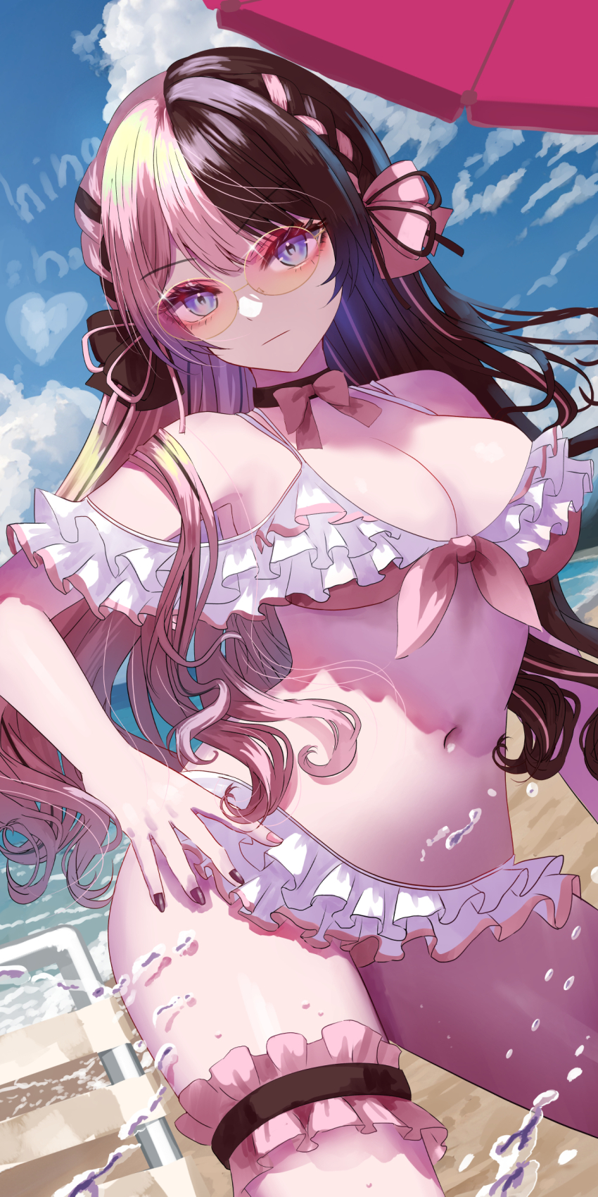 1girl absurdres beach bikini black_choker blue_eyes blush bow breasts brown_bow brown_hair brown_nails choker frilled_bikini frills hair_ornament hand_on_own_hip highres large_breasts long_hair looking_at_viewer multicolored_hair navel ocean orange-tinted_eyewear pink_bikini pink_bow pink_hair solo split-color_hair swimsuit tachibana_hinano tachibana_hinano_(summer_c102) tachibana_hinano thigh_strap tinted_eyewear two-tone_hair umbrella virtual_youtuber vspo! yusuke_(shiota)