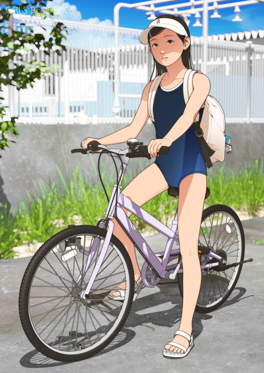 1girl absurdres backpack bag bicycle black_eyes black_hair blue_one-piece_swimsuit charm_(object) competition_school_swimsuit day flat_chest grass hair_ornament hairclip hat highres legs mole mole_under_eye one-piece_swimsuit original outdoors parted_lips riding riding_bicycle road sandals school_swimsuit shadow shinchou_ni_kansuru_kousatsu solo swimsuit toes visor_cap white_hat white_sandals