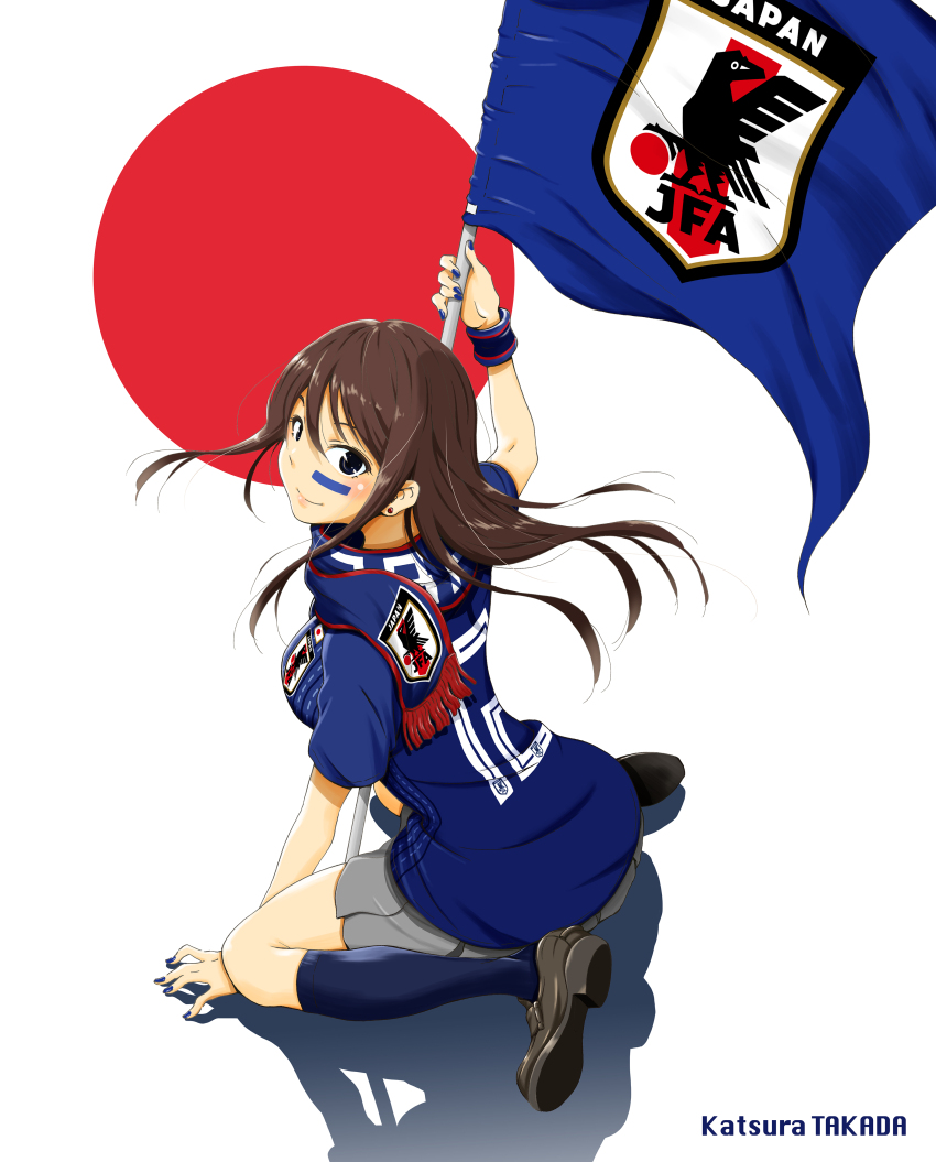 1girl absurdres arm_up artist_name black_eyes black_socks blue_nails blue_scarf blue_shirt brown_footwear brown_hair earrings facial_mark flag full_body grey_skirt highres holding holding_flag j._league japanese_flag jewelry kneehighs print_scarf red_background scarf shadow shirt short_sleeves sitting skirt socks solo stud_earrings takada_katsura wariza white_background wristband