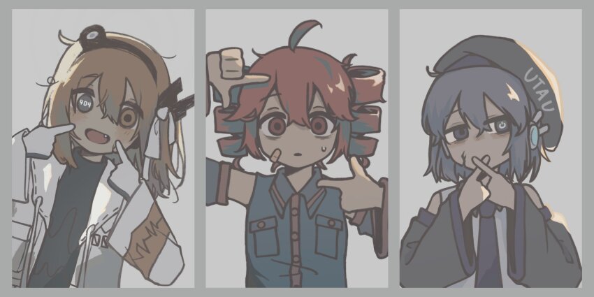 3girls 404 a.i._voice adachi_rei ahoge bags_under_eyes bandaid bandaid_on_cheek bandaid_on_face beret black_hat black_shirt black_sleeves blue_eyes blue_shirt blue_sleeves blush border collared_shirt column_lineup copyright_name cracked_skin detached_sleeves drill_hair empty_eyes fang finger_frame fingers_to_cheeks fingers_to_mouth gloves grey_background grey_border hair_ribbon hands_up hat headlamp heterochromia highres http_status_code jacket kasane_teto kasane_teto_(utau) leaning_to_the_side looking_at_viewer medium_hair mismatched_pupils multiple_girls muted_color nao_(nao_62_) necktie one_side_up open_clothes open_jacket open_mouth orange_eyes orange_hair power_symbol-shaped_pupils purple_necktie radio_antenna ribbon shirt short_hair simple_background sleeveless sleeveless_shirt smile symbol-shaped_pupils text_in_eyes twin_drills upper_body utane_uta utau white_gloves white_jacket white_ribbon white_shirt x_fingers