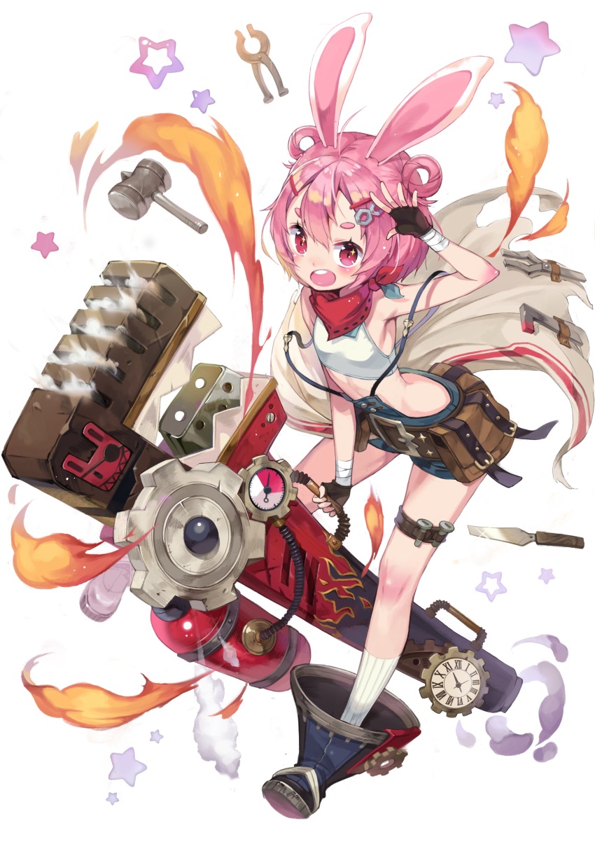 1girl :d absurdres animal_ears belt boots brown_boots clock female_focus fingerless_gloves flamethrower flat_chest gas_tank gauge gears gloves hair_ornament hair_rings hairclip hammer highres mallet midriff official_art open_mouth pink_eyes pink_hair pliers rabbit_ears rennie_(teria_saga) screw short_hair smile socks solo standing star_(symbol) suspenders teria_saga thrower tongs tools utility_belt weapon white_boots wrench