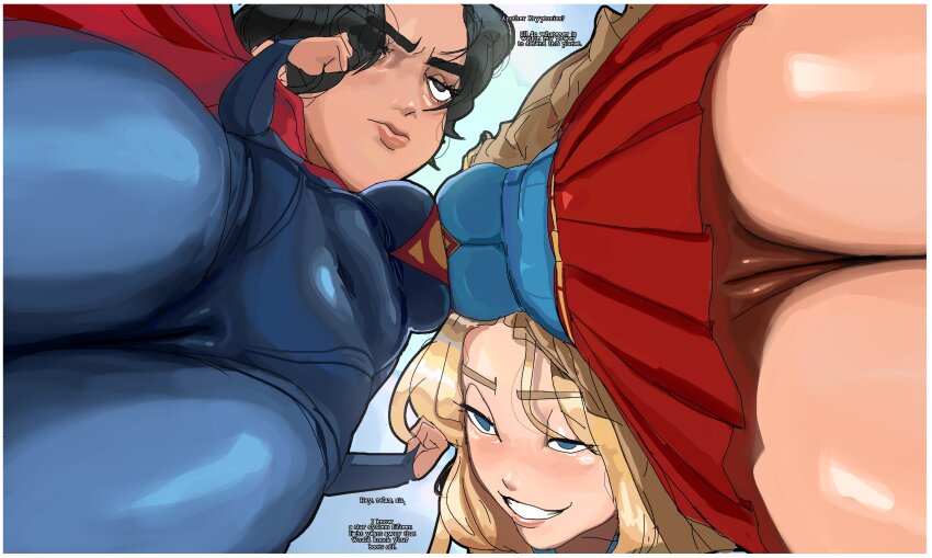 2girls animification asymmetrical_docking black_eyes blonde_hair blue_bodysuit blue_eyes blue_sky bodysuit boots bottomless breast_press breasts cameltoe cape clenched_hands commentary covered_navel crop_top day dc_comics dc_extended_universe dc_universe_(franchise) dolekat english_commentary english_text female_focus from_below highres large_breasts leotard lips long_hair long_sleeves multiple_girls multiple_views navel open_mouth pussy red_boots red_cape selfcest serious shiny_skin short_hair skin_tight skirt sky sleeved_leotard smile smug supergirl superhero_costume superman_(2025) superman_(series) superman_logo the_flash_(movie)