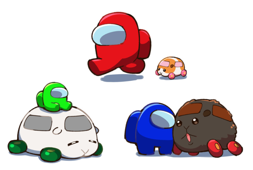 :3 among_us black_eyes blank_eyes blue_(among_us) cheek-to-cheek crossover full_body green_(among_us) heads_together molcar no_humans open_mouth potato_(pui_pui_molcar) pui_pui_molcar red_(among_us) running shiromo_(pui_pui_molcar) simple_background sitting sleeping standing suzumushi_(tanpopo_cha) teddy_(pui_pui_molcar) white_background