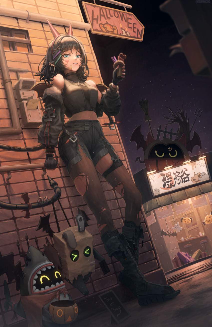 1girl absurdres adapted_costume against_wall animal_ears bagboo_(zenless_zone_zero) bandaid bandaid_on_face bare_shoulders black_footwear black_garter black_gloves black_hair black_jacket black_pantyhose black_shirt black_shorts black_thighhighs breasts commentary commentary_request crop_top cupcake dutch_angle earrings english_commentary fake_horns fingerless_gloves food garter_straps gloves green_eyes hair_ornament hairband halloween halloween_costume heart heart_sticker high-waist_shorts highres holding holding_food hoop_earrings horn_hairband horns jacket jane_doe_(zenless_zone_zero) jewelry large_breasts long_legs looking_at_viewer medium_hair midriff mixed-language_commentary mouse_ears mouse_girl mouse_tail night night_sky off_shoulder outdoors pantyhose pantyhose_under_shorts parted_lips piercing red_horns s99g sharkboo_(zenless_zone_zero) sharp_tail shirt shorts sidelocks single_garter_strap single_leg_pantyhose single_thighhigh sky sleeveless sleeveless_shirt smile standing sticker sticker_on_face tail tail_ornament tail_piercing thighhighs thighs torn_clothes torn_pantyhose torn_thighhighs x_hair_ornament zenless_zone_zero