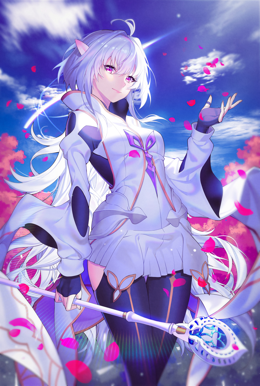 1girl absurdres ahoge black_gloves black_pants breasts fate/grand_order fate/prototype fate_(series) fingerless_gloves gloves highres holding holding_staff huge_filesize lemonpear long_hair long_sleeves looking_at_viewer medium_breasts merlin_(fate/prototype) merlin_(second_ascension)_(fate/prototype) pants purple_eyes robe smile staff thighs very_long_hair white_hair white_robe wide_sleeves