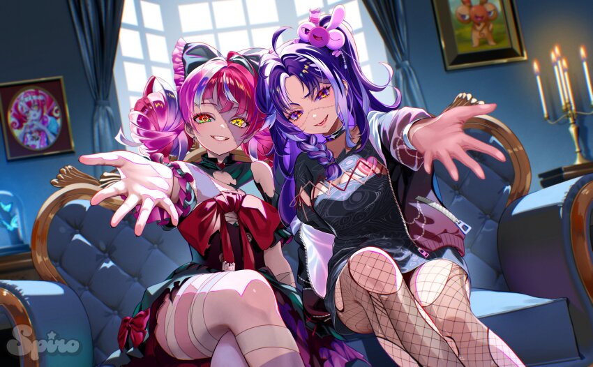 2girls absurdres bandaged_leg bandages black_bow black_dress bow bug butterfly candle candlestand colored_skin crossed_legs double_bun dress earrings fishnet_pantyhose fishnets green_eyes grey_skin grin hair_bow hair_bun heterochromia highres hololive hololive_indonesia indoors insect jacket jared_(michi_mochievee) jewelry kureiji_ollie kureiji_ollie_(1st_costume) long_hair michi_mochievee michi_mochievee_(1st_costume) mismatched_pupils multicolored_eyes multicolored_hair multiple_girls outstretched_arm pantyhose patchwork_skin pink_hair purple_eyes purple_hair purple_jacket red_eyes red_hair red_ribbon ribbon single_earring sitting smile spiro_(supirou2052) stitched_face stitches symbol-shaped_pupils teeth torn_clothes torn_pantyhose virtual_youtuber vshojo window x-shaped_pupils zipper_pull_tab zombie