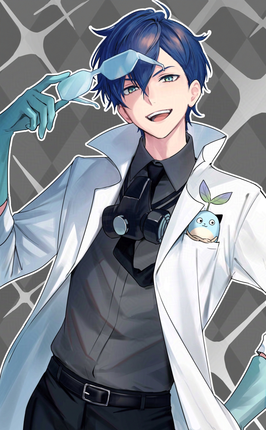1boy absurdres arm_up belt belt_buckle black_belt black_pants black_shirt blue_eyes blue_hair buckle coat collared_coat collared_shirt commentary_request contrapposto dress_shirt gas_mask gloves hair_between_eyes hand_in_pocket highres holding holding_removed_eyewear in_pocket leos_vincent leos_vincent_(1st_costume) looking_at_viewer male_focus mameneko_(leos_vincent) mask mask_around_neck nijisanji open_clothes open_coat open_mouth pants parted_bangs popped_collar rubber_gloves shirt shirt_tucked_in solo teeth tone_haruma tongue unworn_eyewear upper_teeth_only virtual_youtuber white_coat wing_collar