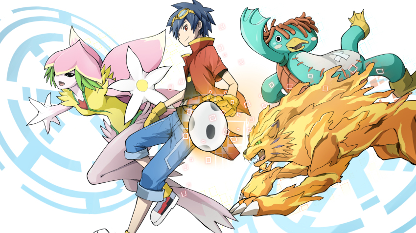 belt claws digimon digimon_story:_lost_evolution digitama egg gawappamon gloves goggles goggles_on_head highres kappa lilamon lynxmon monster_girl plant_girl shu_(digimon) smile