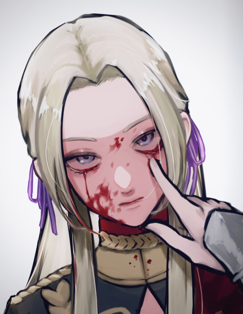 2girls blonde_hair blood blood_on_face blood_splatter female_byleth_(fire_emblem) closed_mouth commentary_request edelgard_von_hresvelg female_pov fire_emblem fire_emblem:_three_houses friends garreg_mach_monastery_uniform gradient_background grey_background hair_ribbon hand_on_another&#039;s_face head_tilt highres index_finger_raised long_hair looking_at_viewer multiple_girls nintendo parted_bangs pink_lips pov pov_hands purple_eyes purple_ribbon ribbon shade ten_(mos6_y) upper_body