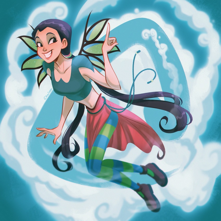 1girl blue_background chalseu cloud commentary crop_top full_moon hay_lin highres long_hair looking_to_the_side moon pantyhose pelvic_curtain ponytail purple_footwear smile smoke solo striped_clothes striped_pantyhose symbol-only_commentary very_long_hair w.i.t.c.h. wings