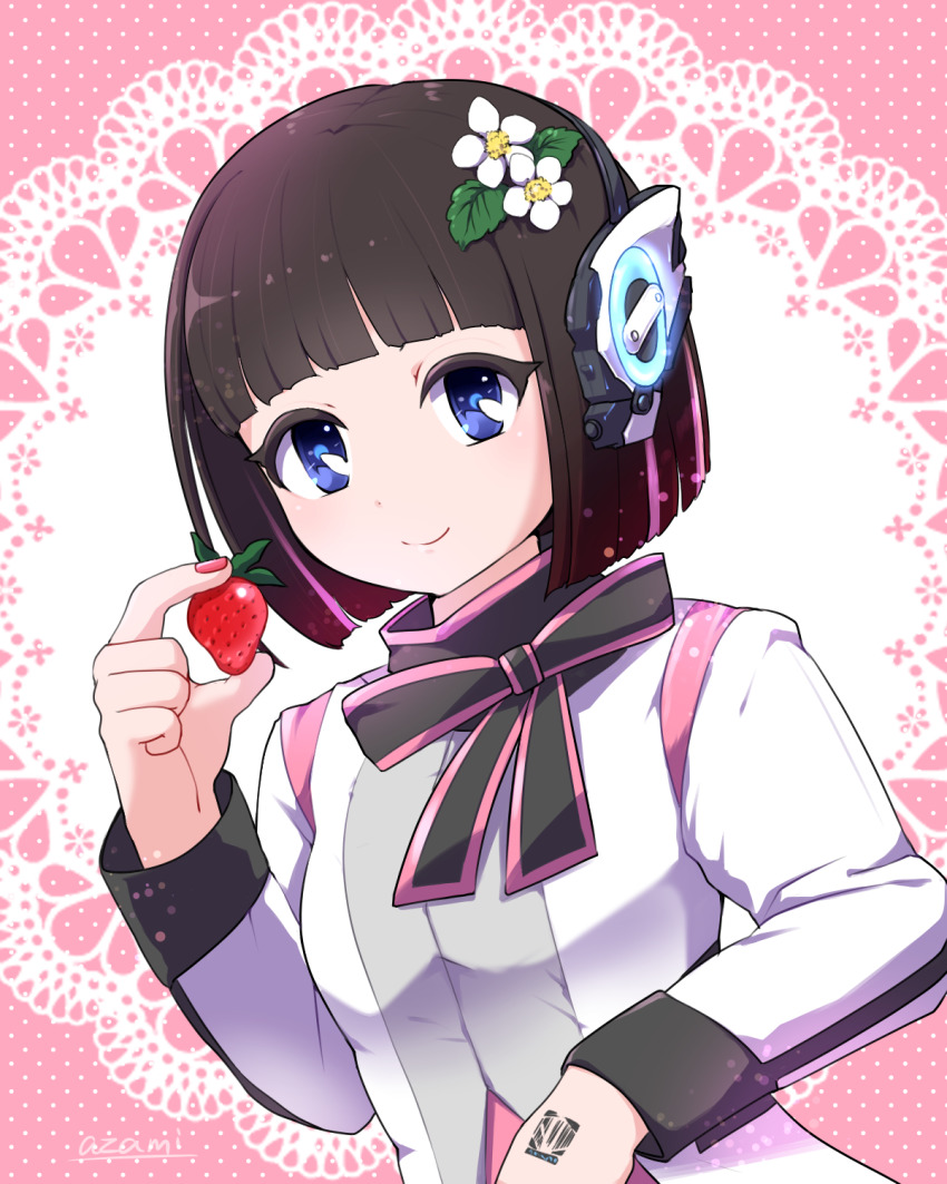 1girl animification artist_name black_hair black_ribbon blue_pupils blunt_bangs bob_cut closed_mouth fingernails flower food fruit hair_flower hair_ornament hand_up headphones highres holding holding_food holding_fruit humagear_headphones is_(kamen_rider_01) kamen_rider kamen_rider_01_(series) leaf long_sleeves looking_at_viewer multicolored_hair nail_polish pink_hair pink_nails pink_ribbon purple_eyes ribbon short_hair smile solo strawberry streaked_hair togeshiro_azami two-tone_hair two-tone_ribbon upper_body white_flower