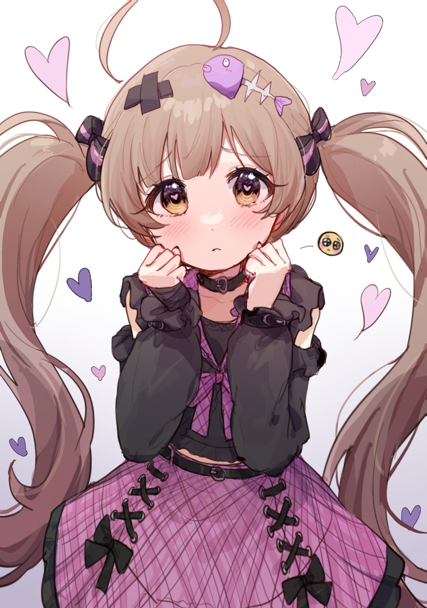 1girl absurdres ahoge black_collar black_shirt blush brown_eyes brown_hair closed_mouth collar emoji fish_skeleton fish_skeleton_hair_ornament fish_hair_ornament hair_ornament hakozaki_serika hakozaki_serika_(everyone_is_special) hands_up heart heart-shaped_pupils highres idolmaster idolmaster_million_live! idolmaster_million_live!_theater_days jirai_kei long_hair long_sleeves looking_at_viewer midriff_peek nnnn official_alternate_costume pink_skirt plaid_clothes plaid_skirt pleading_eyes shirt simple_background skirt solo symbol-shaped_pupils twintails very_long_hair white_background