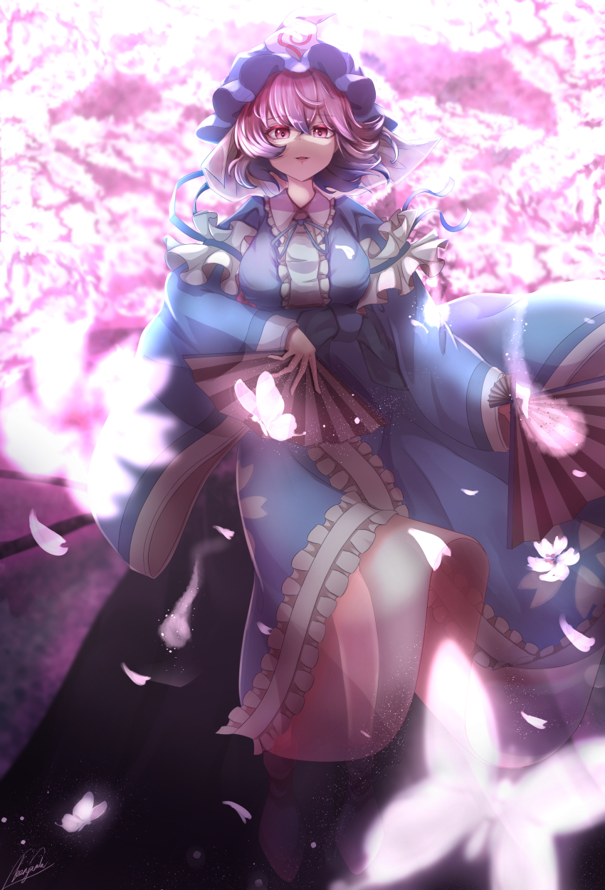 1girl absurdres benjamin_1kt black_shoes blue_hat blue_kimono blue_ribbon blue_sash blurry blurry_foreground bug butterfly cherry_blossom_print cherry_blossoms crossed_bangs depth_of_field dual_wielding falling_petals floating floral_print flower folding_fan frilled_kimono frilled_shirt_collar frills full_body hair_between_eyes hand_fan hat highres hitodama holding holding_fan insect japanese_clothes kimono long_sleeves looking_at_viewer mob_cap neck_ribbon open_mouth petals pink_eyes pink_hair ribbon saigyou_ayakashi saigyouji_yuyuko sash see-through_clothes shade shoes short_hair signature sleeve_garter smile solo touhou tree triangular_headpiece wavy_hair wide_sleeves