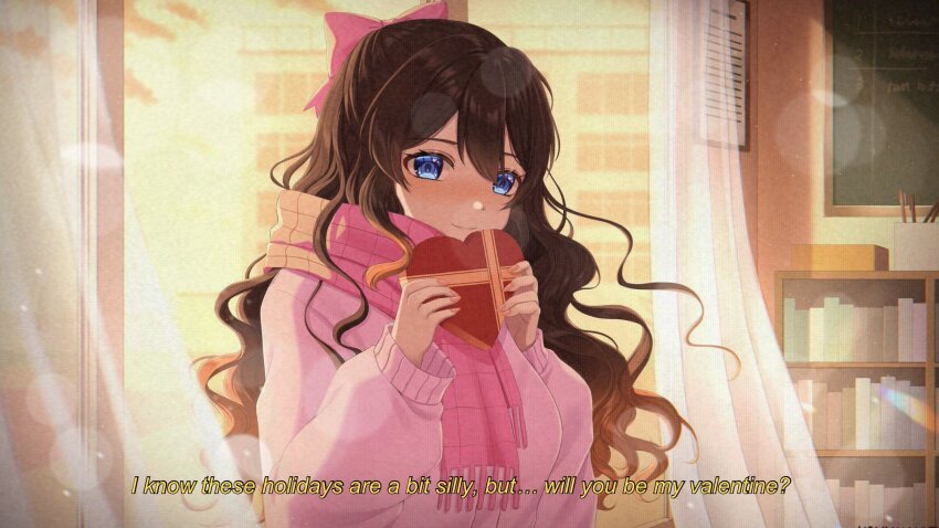 1girl blue_eyes bookshelf bow box brown_hair chalkboard closed_mouth english_text graciouslykait heart heart-shaped_pupils heart_in_eye highres holding holding_box indie_virtual_youtuber konyanart long_hair long_sleeves pink_bow pink_scarf pink_sweater scarf solo sweater symbol-shaped_pupils symbol_in_eye upper_body virtual_youtuber