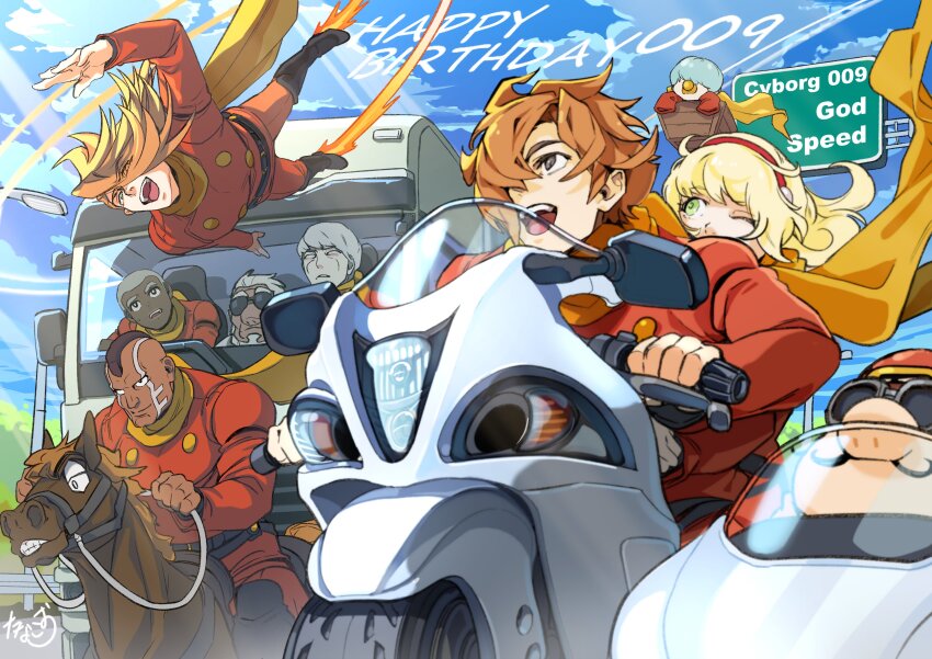 absurdres albert_heinrich blonde_hair brown_hair chang_changku coat cyborg cyborg_009 francoise_arnoul geronimo_jr great_britain_(cyborg_009) green_eyes hairband happy_birthday highres isaac_gilmore ivan_whisky jet_link pyunma red_coat red_hairband scarf shimamura_joe tanaotanako yellow_scarf