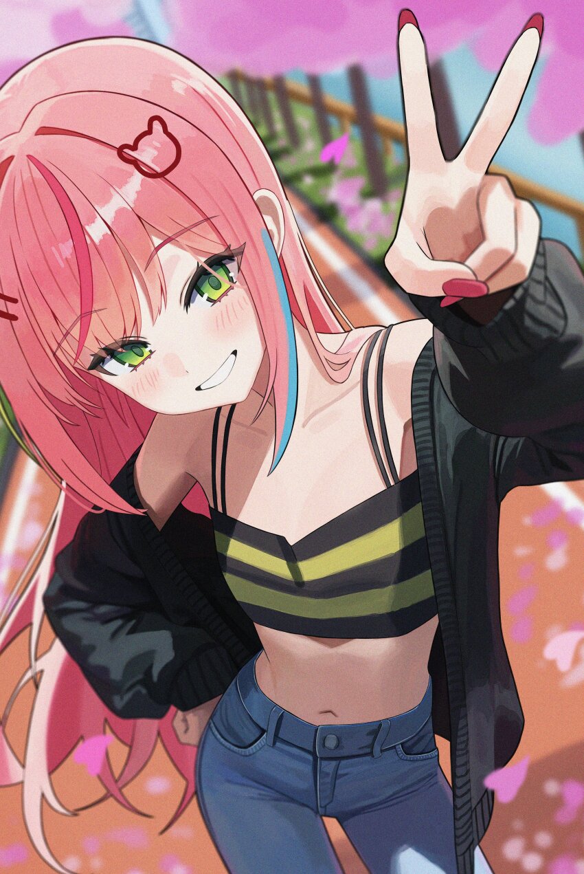 1girl absurdres alternate_costume arm_up armpit_peek bare_shoulders black_jacket black_shirt blue_pants blurry casual collarbone contrapposto cowboy_shot crop_top denim depth_of_field green_eyes green_shirt grin hanako_nana hand_on_own_hip highres jacket long_hair looking_at_viewer midriff multi-strapped_shirt multicolored_hair nail_polish navel off_shoulder open_clothes open_jacket outdoors pants pink_hair pink_nails shirt sleeveless sleeveless_shirt smile solo spaghetti_strap standing stellive stomach streaked_hair striped_clothes striped_shirt v very_long_hair virtual_youtuber yeoun