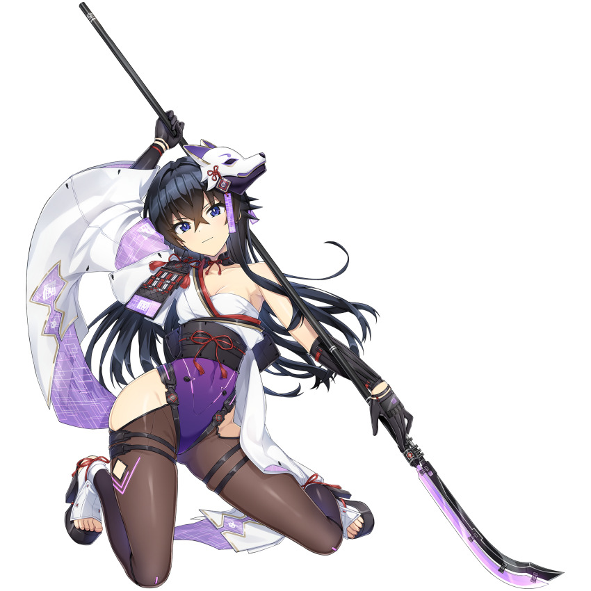 black_gloves black_hair blue_eyes bodysuit breasts cleavage dolphin_wave fox_mask game_cg gloves hagane_otsuki high_heel_sandals highres hip_vent holding holding_behind_back holding_polearm holding_weapon holding_weapon_behind_back impossible_bodysuit impossible_clothes japanese_clothes kneeling long_hair mask mask_on_head naginata non-web_source official_art ootomo_takuji polearm sandals small_breasts smile tasuki transparent_background weapon